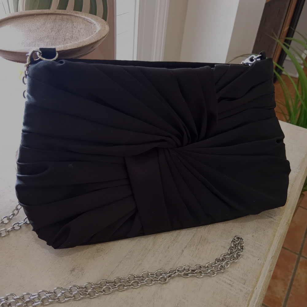 Jessica McClintock Black Ruched Clutch with Silver Chain